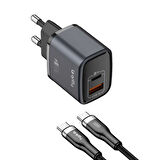 Gritty GAN 35W 2 Portlu USB-A Type-C PD Şarj Aleti Siyah+Type-C to Type-C Şarj Kablosu (GC-U35CC)