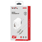 Gritty 45W 3 Portlu USB-A1 USB-A2 USB-C Hızlı Şarj Aleti Beyaz + Type-C to Type-C Şarj Kablosu  (GC-U45CC)