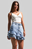 Kadın Snow Kot Rengi 3S5-27 Volanlı %100 Koton Tasarım Denim Mini Etek