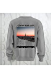 New York Şehir Temalı Sırt Baskılı Oversize Bisiklet Yaka Sweatshirt 3 İplik Şardonlu
