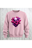 Love Teddy Deseni Baskılı Bisiklet Yaka Unisex Oversize Kalıp Sweatshirt 3 İplik Şardonlu