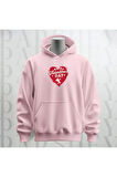 Happy Valentine's Day Kalp Desenli Kapüşonlu Oversize Sweatshirt Hoodie Kalın Kumaş 3 İplik Şardonlu