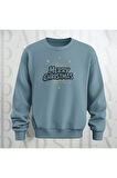 Mutlu Noeller Desenli Bisiklet Yaka Unisex Oversize Kalın Kumaş Sweatshirt 3 İplik Şardonlu