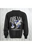 Dream Kuş Desenli Sırt Baskılı 3 İplik Şardonlu Oversize Unisex Bisiklet Yaka Sweatshirt