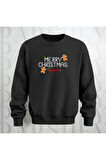 Merry Christmas Desenli Bisiklet Yaka Unisex Oversize Sweatshirt 3 İplik Şardonlu