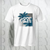 Erkek - Kadın %100 Pamuk Good Vibes Palmiye Desenli Baskılı Yarım Kollu Bisiklet Yaka T-Shirt