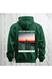 Uyumayan Şehir New York Baskılı Kapüşonlu Oversize Sweatshirt Hoodie Kalın Kumaş 3 İplik Şardonlu