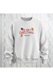 Merry Christmas Desenli Bisiklet Yaka Unisex Oversize Sweatshirt 3 İplik Şardonlu
