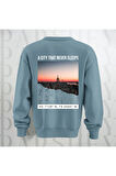 New York Şehir Temalı Sırt Baskılı Oversize Bisiklet Yaka Sweatshirt 3 İplik Şardonlu