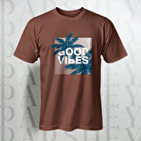 Erkek - Kadın %100 Pamuk Good Vibes Palmiye Desenli Baskılı Yarım Kollu Bisiklet Yaka T-Shirt