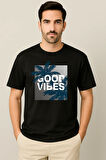 Erkek - Kadın %100 Pamuk Good Vibes Palmiye Desenli Baskılı Yarım Kollu Bisiklet Yaka T-Shirt