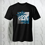 Erkek - Kadın %100 Pamuk Good Vibes Palmiye Desenli Baskılı Yarım Kollu Bisiklet Yaka T-Shirt