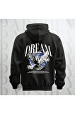 Dream Kanatlı Kuş Sırt Baskılı Kapüşonlu Oversize Sweatshirt Hoodie Kalın Kumaş 3 İplik Şardonlu