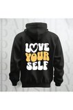 Love Your Self Sırt Baskılı Kapüşonlu Oversize Sweatshirt Hoodie Kalın Kumaş 3 İplik Şardonlu