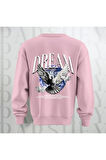 Dream Kuş Desenli Sırt Baskılı 3 İplik Şardonlu Oversize Unisex Bisiklet Yaka Sweatshirt