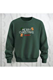 Merry Christmas Desenli Bisiklet Yaka Unisex Oversize Sweatshirt 3 İplik Şardonlu