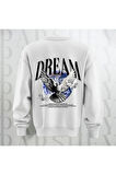 Dream Kuş Desenli Sırt Baskılı 3 İplik Şardonlu Oversize Unisex Bisiklet Yaka Sweatshirt