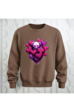 Love Teddy Deseni Baskılı Bisiklet Yaka Unisex Oversize Kalıp Sweatshirt 3 İplik Şardonlu