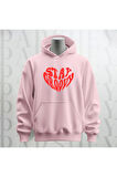 Stay Groovy Kalp Şekilli Baskılı Kapüşonlu Oversize Sweatshirt Hoodie Kalın Kumaş 3 İplik Şardonlu