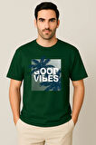 Erkek - Kadın %100 Pamuk Good Vibes Palmiye Desenli Baskılı Yarım Kollu Bisiklet Yaka T-Shirt