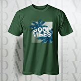 Erkek - Kadın %100 Pamuk Good Vibes Palmiye Desenli Baskılı Yarım Kollu Bisiklet Yaka T-Shirt