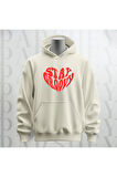 Stay Groovy Kalp Şekilli Baskılı Kapüşonlu Oversize Sweatshirt Hoodie Kalın Kumaş 3 İplik Şardonlu