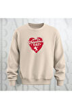 Happy Valentine's Day Kalp Desenli Oversize Bisiklet Yaka Sweatshirt 3 İplik Şardonlu
