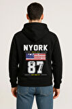 NYORK 87 Baskılı Oversize Hoodie – Amerikan Bayraklı Brooklyn New York City Kapüşonlu Sweatshirt