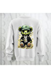 Zengin Teddy Sırt Baskılı Bisiklet Yaka Sweatshirt 3 İplik Şardonlu Oversize Kalıp Unisex
