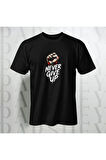 Erkek - Kadın Never Give Up Baskılı Unisex Yarım Kollu Bisiklet Yaka %100 Pamuk Oversize T-shirt