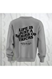 Life is Just a Series of Tricks Baskılı 3 İplik Şardonlu Oversize Bisiklet Yaka Sweatshirt