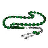  925 Ayar Gümüş Çift Püsküllü Arpa Kesim Zümrüt Yeşil Ateş Kehribar Tesbih 