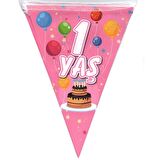 1 Yaş Temalı Üçgen Flama Bayrak Süs - Pembe 2