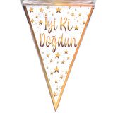 İyiki Doğdun Temalı Üçgen Flama Bayrak Süs - Beyaz Gold