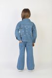 Kız Çocuk Stitch ve Çiçek Nakışlı İkili Denim Takım