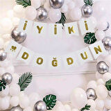 İyi ki Doğdun Banner Beyaz renk üstüne Gold altın Varaklı yazı, Karton Doğum Günü Yazısı Flama