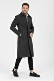 Erkek Antrasit Dar Kesim Uzun Yün Karışımlı Kaşe Gömlek Yaka Palto&kaban