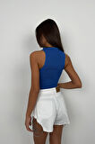 Taş Detay Dekolteli Saks Crop Bluz