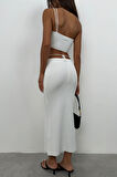 Askı Detay Dokulu Ekru Straplez Crop
