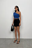 Tek Omuz Saks Crop Bluz