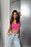 V Yaka Pembe Crop Bluz