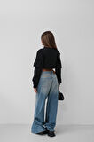 Cep Detay Siyah Crop Sweat