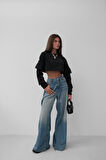 Cep Detay Siyah Crop Sweat