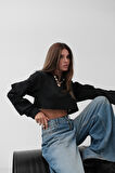Cep Detay Siyah Crop Sweat