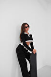 Polo Yaka Garnili Crop Siyah Sweatshirt