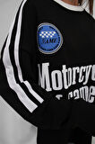 Şerit Detay Baskılı Oversize Siyah Sweatshirt