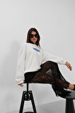 Baskılı Sıfır Yaka Oversize Ekru Sweatshirt