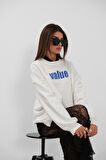 Baskılı Sıfır Yaka Oversize Ekru Sweatshirt