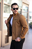 Erkek Taba Su ve Rüzgar Geçirmez Slim Fit Astarlı Mevsimlik Mont