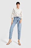 Kadın Kot Rengi Önü Full İnci Detaylı Mom Fit Denim